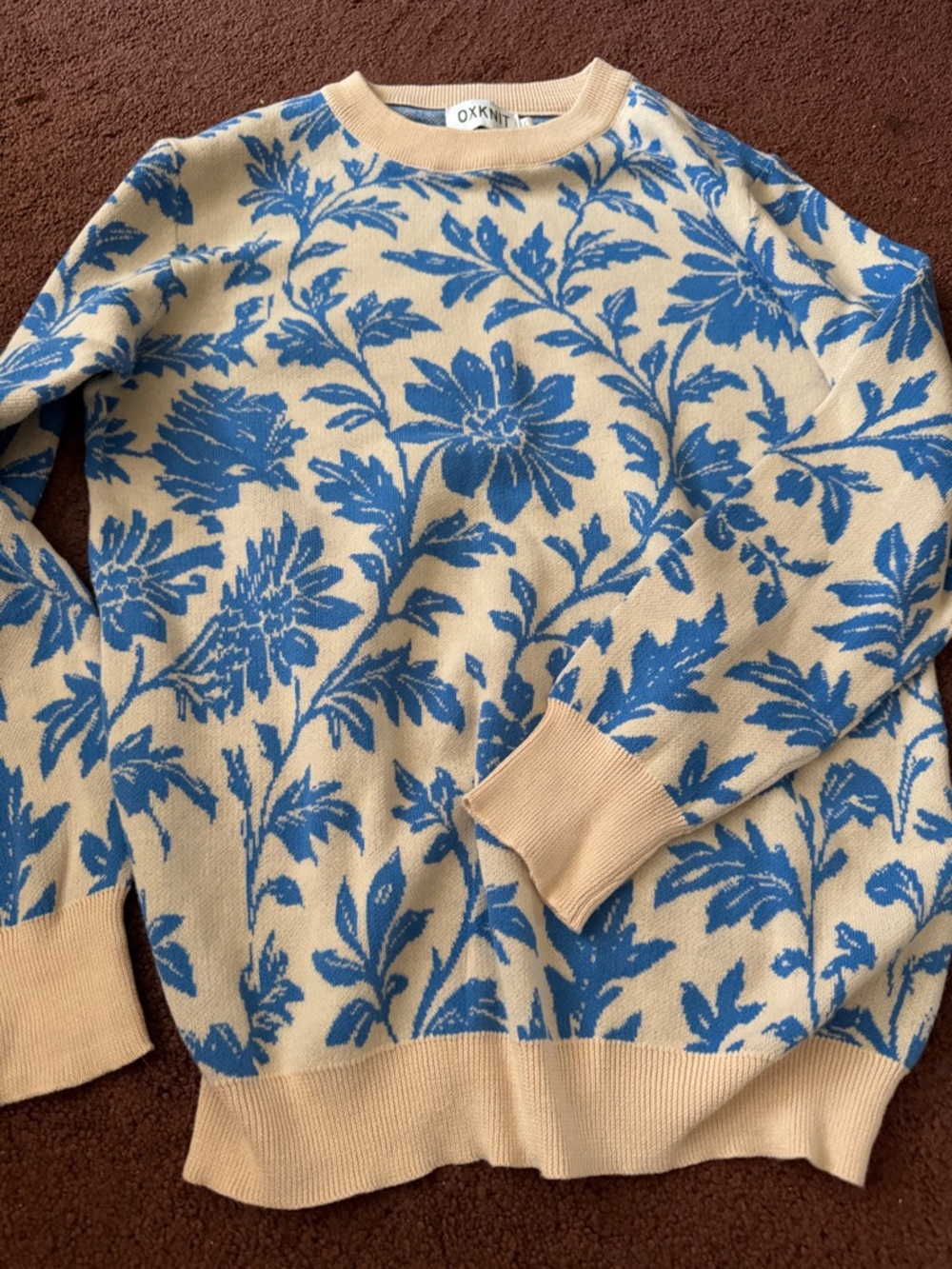 Oxknit Blue Floral Crewneck Sweater in Cream